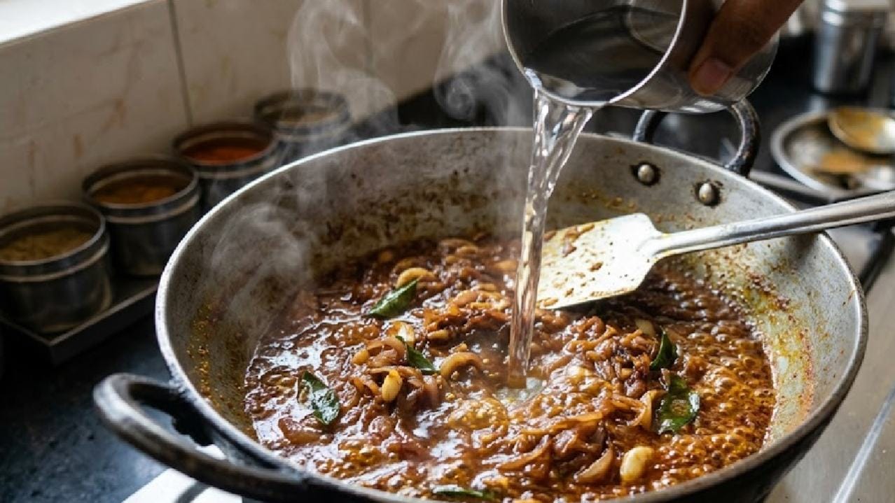 মশলা কষানো হয়ে গেলে প্যানের মধ্যে প্রায় ১০০ মিলিলিটার জল ঢেলে দিয়ে সবকিছু খুব ভালো করে মিশিয়ে নিন। এই মিশ্রণটি বেশ কিছুক্ষণ ফুটতে দিন যতক্ষণ না মশলাটা ঘন হয়ে সুন্দর একটি টেক্সচারে পরিণত হচ্ছে। এই রেসিপিতে পাতলা ঝোলের বদলে মশলাটা একটু মাখা মাখা হলেই খেতে সবচেয়ে বেশি ভালো লাগে। Ai Genareted